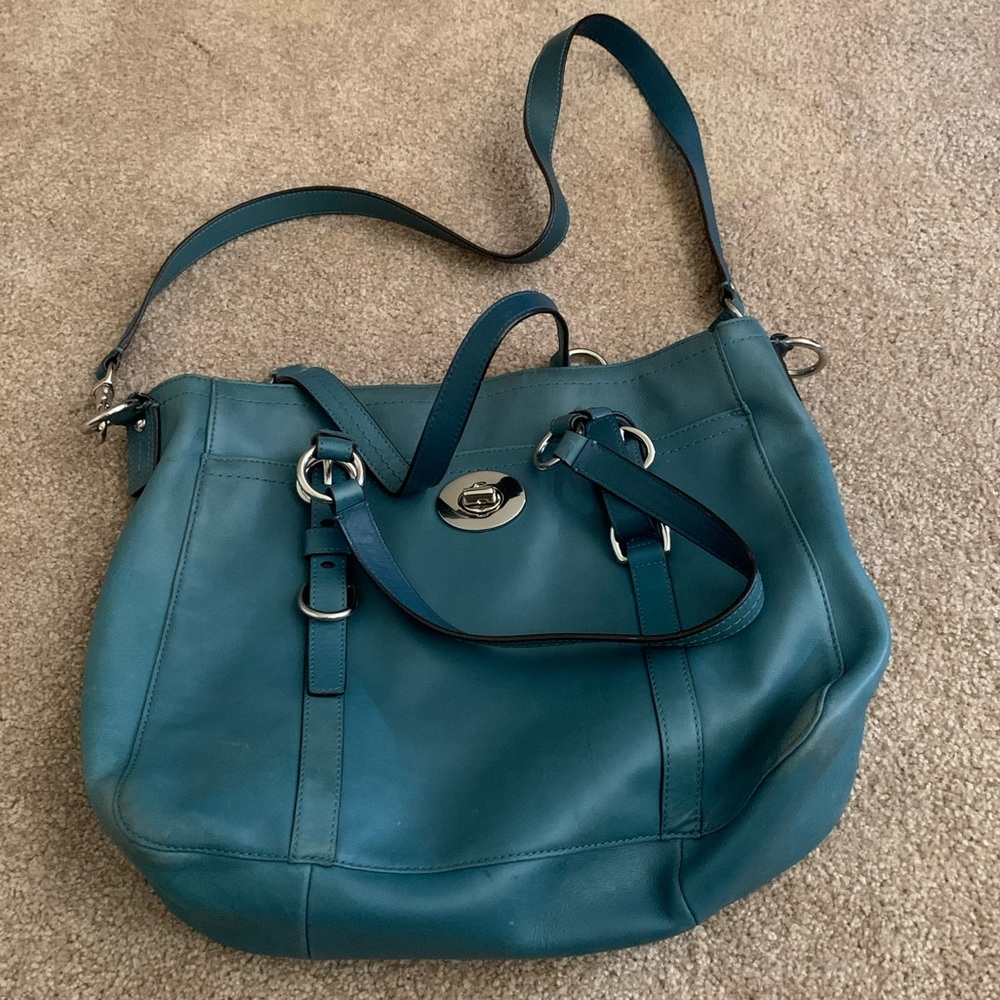 Teal Coach Leather Satchel with a shoulder strap